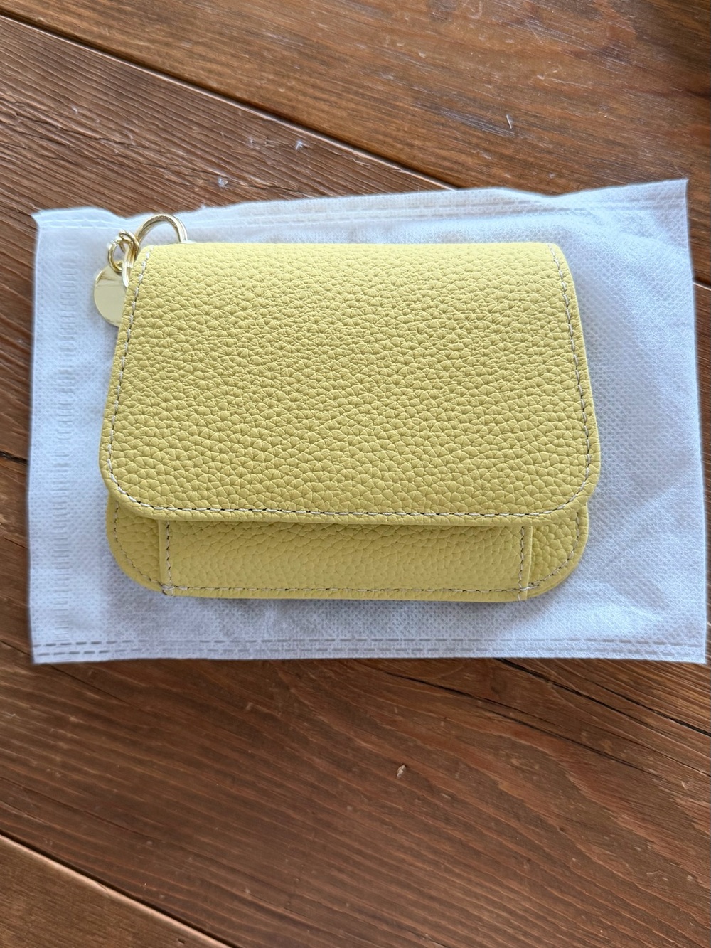 Compact Yellow Pebble Leather Key & Card Holder with Gold Ring